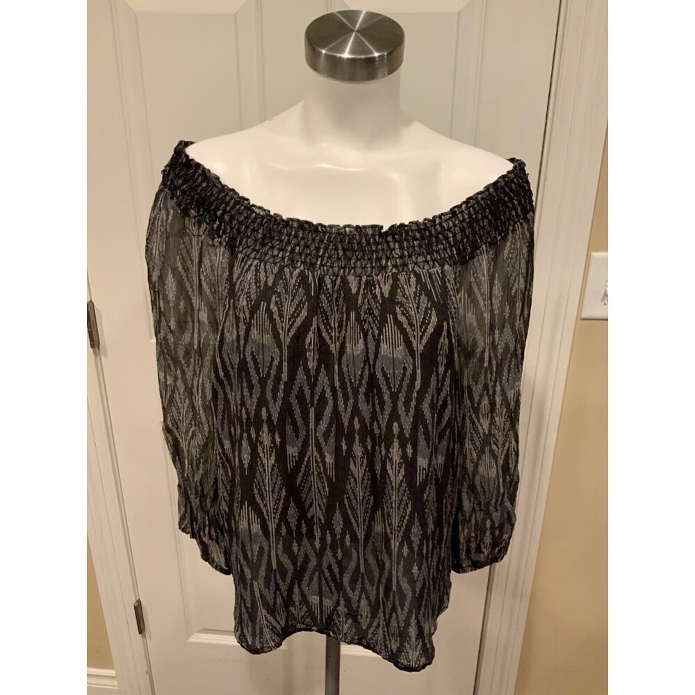Joie Dark Gray W/ Geometric Pattern 100% Silk, Off The Shoulder Shirt, Size S